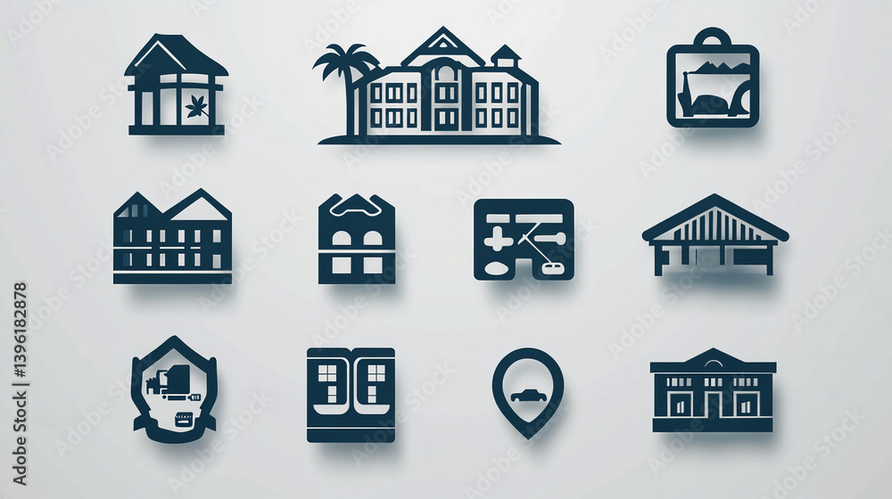 Poster vector icons set of travel and tourism related buildings and landmarks for web design and mobile app