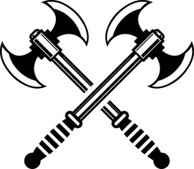 Crossed Battle Axes Icon , Black and White Viking Weapon Vector