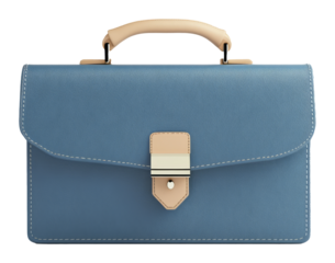 Elegant blue briefcase with beige handle and clasp on transparent background