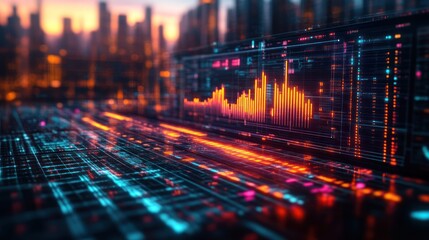 Futuristic Cityscape with Digital Data Visualization and Sunset Glow