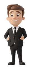 Fototapeta premium 3d illustration of smiling cartoon man in black suit with hands in pockets on transparent background