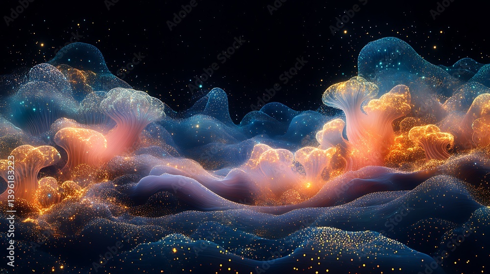 Canvas Prints a surreal floating landscape of bioluminescent coral structures, emitting soft pulsating hues of cya