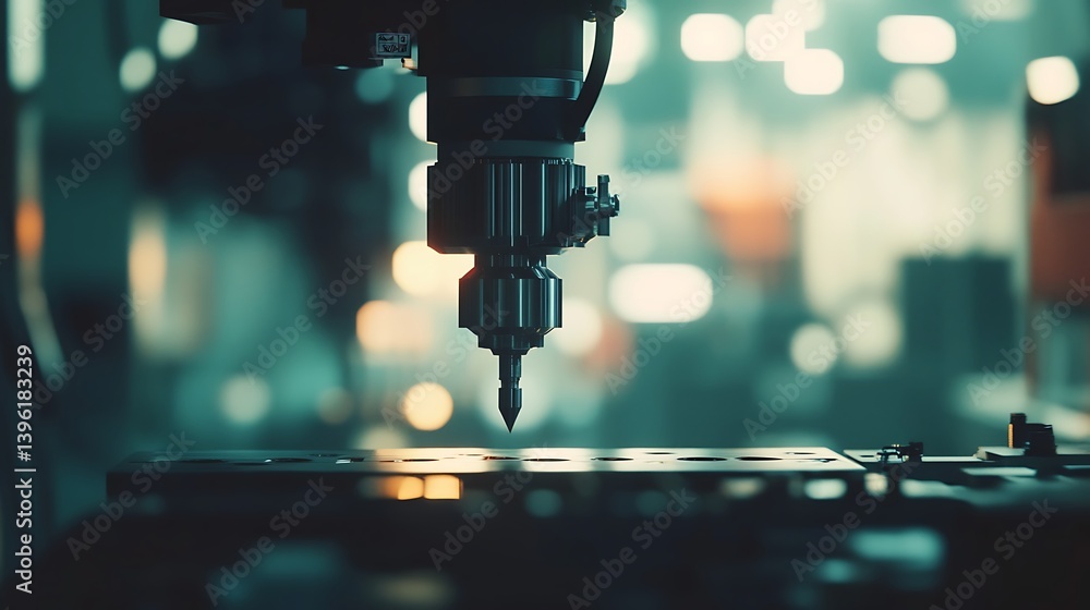 Poster industrial machine with precision tool in a workshop setting, showcasing advanced technology and mac