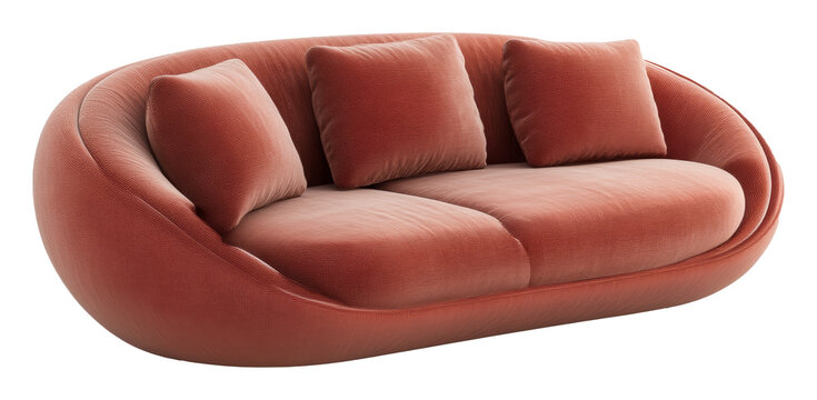 Modern red velvet sofa with three cushions against a transparent background