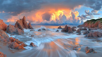 Fototapeta premium Dramatic sunrise over a rocky coastline