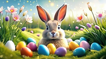 Adorable Easter Bunny With Decorated Eggs In Spring Grass. Coloring Page Style Illustration Featuring Cute Rabbit And Festive Easter Eggs Amidst Lush Springtime Meadow.