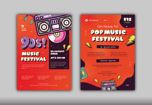 Orange And Red 90s Retro Pop Music Festival Flyer