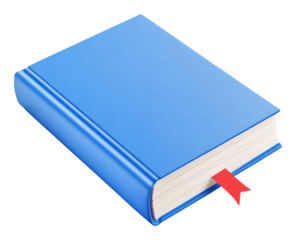 Blue hardcover book with red bookmark isolated on transparent background