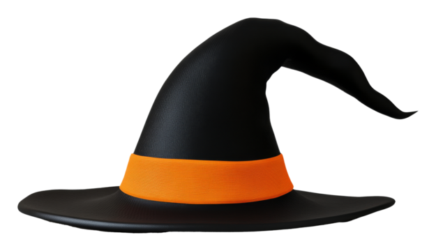 Black witch hat with orange band against transparent background
