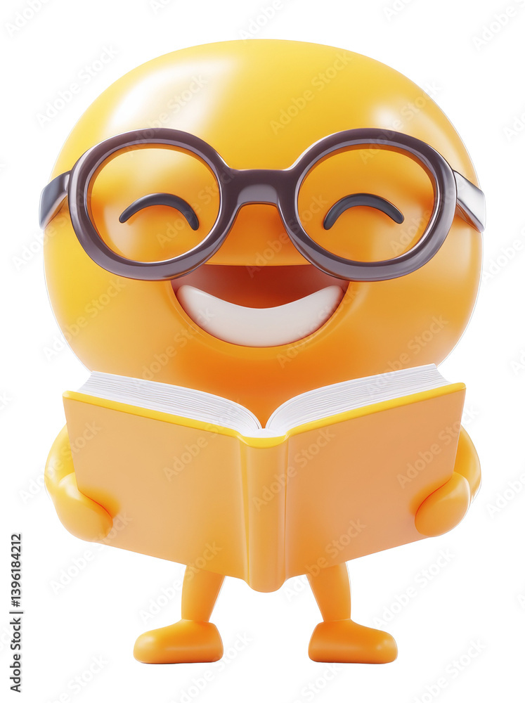 Poster happy character with glasses reading an open book with a joyful expression on transparent background