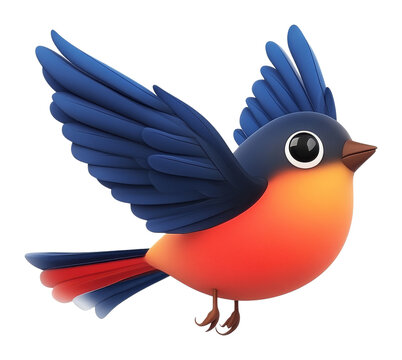 Colorful 3d cartoon bird with vibrant feathers in mid-flight on transparent background
