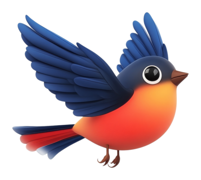 Colorful 3d cartoon bird with vibrant feathers in mid-flight on transparent background
