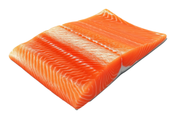 Fresh vibrant salmon fillet with orange and white marbling, isolated on transparent background, 3d illustration