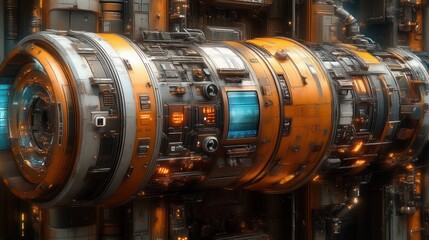 Fototapeta premium Futuristic Industrial Machinery HighTech Cylindrical Components in a Complex Factory Setting