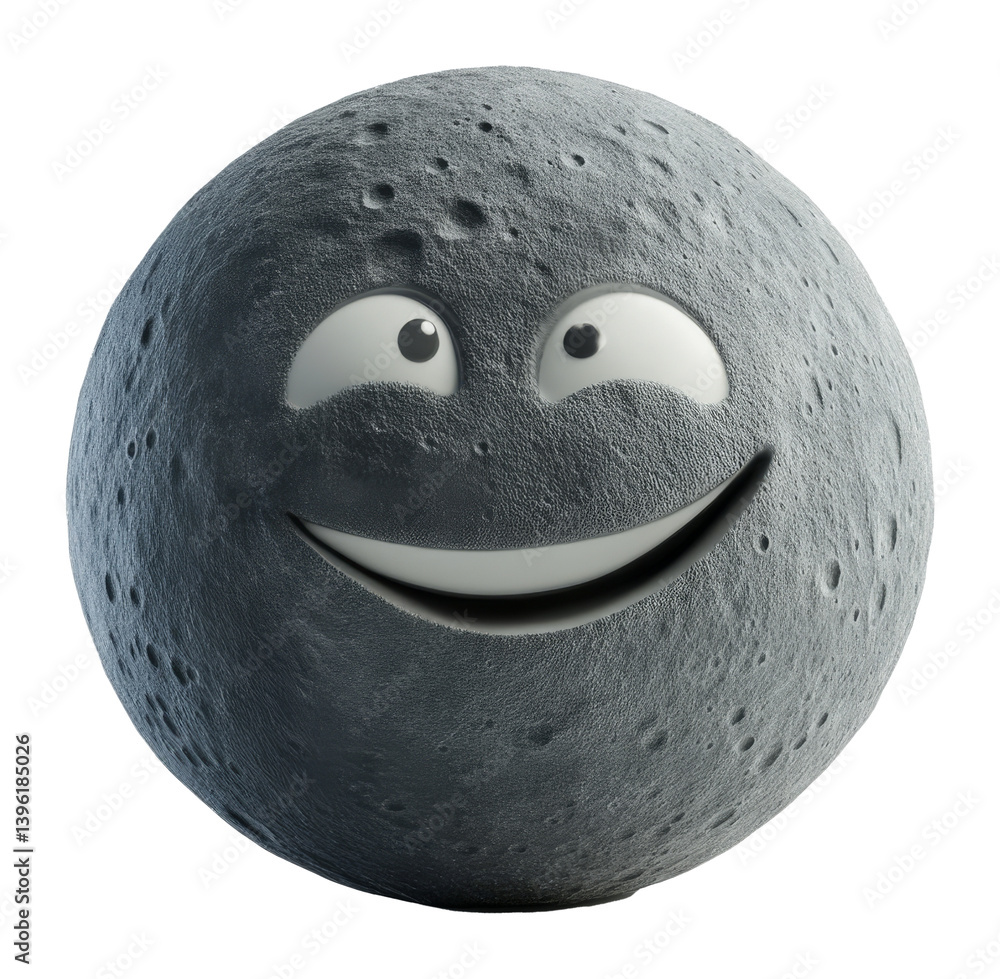 Poster smiling moon with happy face and craters on dark grey surface in 3d rendering on transparent backgro