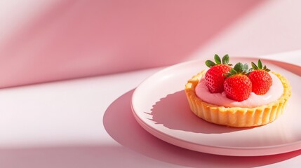 Minimal pastel setup with an elegant strawberry tart and soft shadows. Ideal for bakery branding, editorial or dessert-themed campaigns with copy space