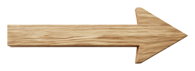 Wooden arrow pointing right on a transparent background, symbolizing direction