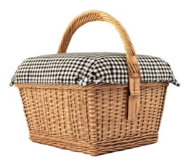 Wicker picnic basket with checkered cloth cover on transparent background, perfect for outdoor gatherings