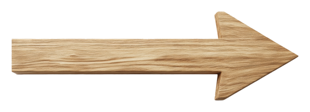 Wooden arrow pointing right on a transparent background, symbolizing direction