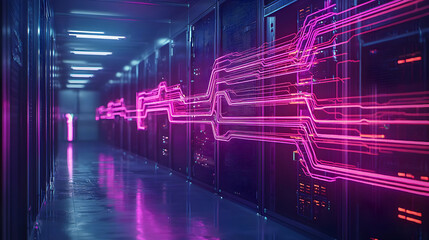 Futuristic Server Room With Glowing Pink And Purple Lines