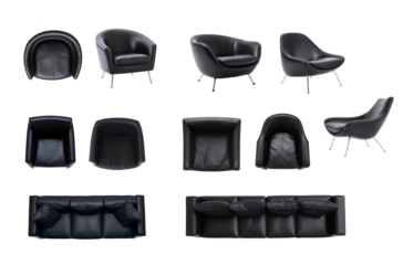 Set of black leather furniture made of different materials. leather sofas and armchairs, top view and front view. isolated on transparent background