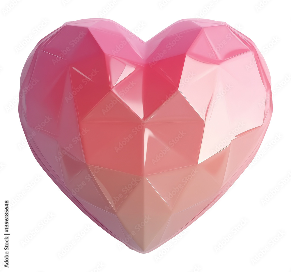 Poster geometric pink heart with faceted surface and soft gradient colors on transparent background