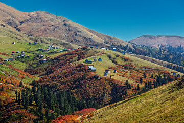 Scenic highland village in Gomis Mta, Georgia, with rustic wooden houses and autumn hues.