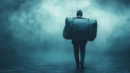 Man carrying heavy bag in fog concept for burden responsibility stress anxiety and mental health issues