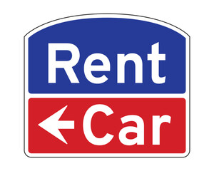 Directional Car Rental Sign – Blue and Red Background with Bold White Text and Left Arrow – High Quality Vectorial Stock Image
