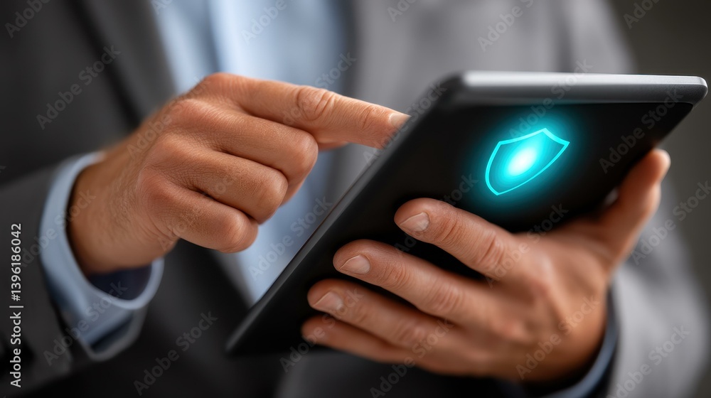 Aufkleber a network security analyst studies a digital tablet showing a secure firewall, showcasing modern def