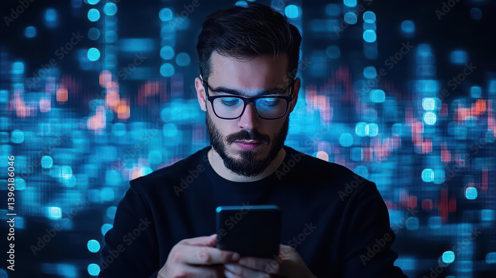Aufkleber a trader studies market data on multiple screens, leveraging mobile app insights for informed invest