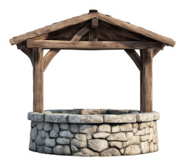 Old stone well with wooden roof isolated on transparent background