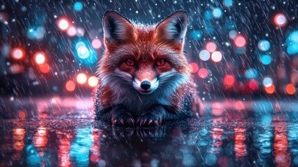 Fox in a city rain