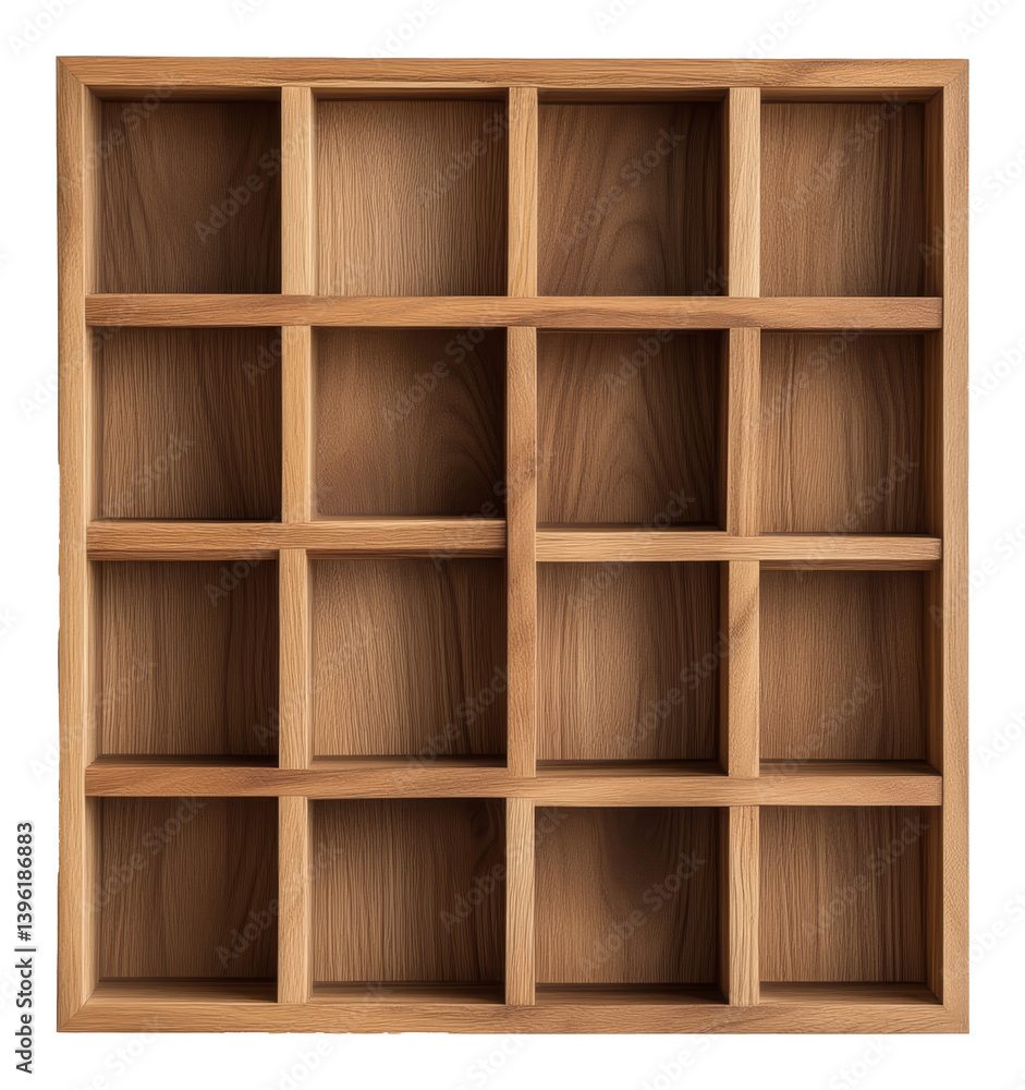 Poster wooden grid shelf with compartments for organizing small items on transparent background