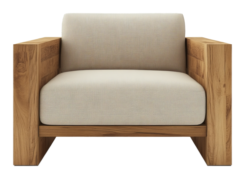 Contemporary wooden armchair with beige cushion on transparent background