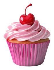 Delicious cupcake with pink frosting and cherry on top, sweet dessert treat