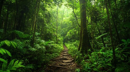 Lush green forest path with dense vegetation and tall trees under a bright sky creating a serene scene