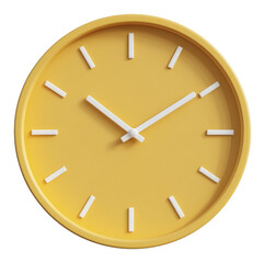 Yellow wall clock with minimalist design and white hands on transparent background, 3d illustration