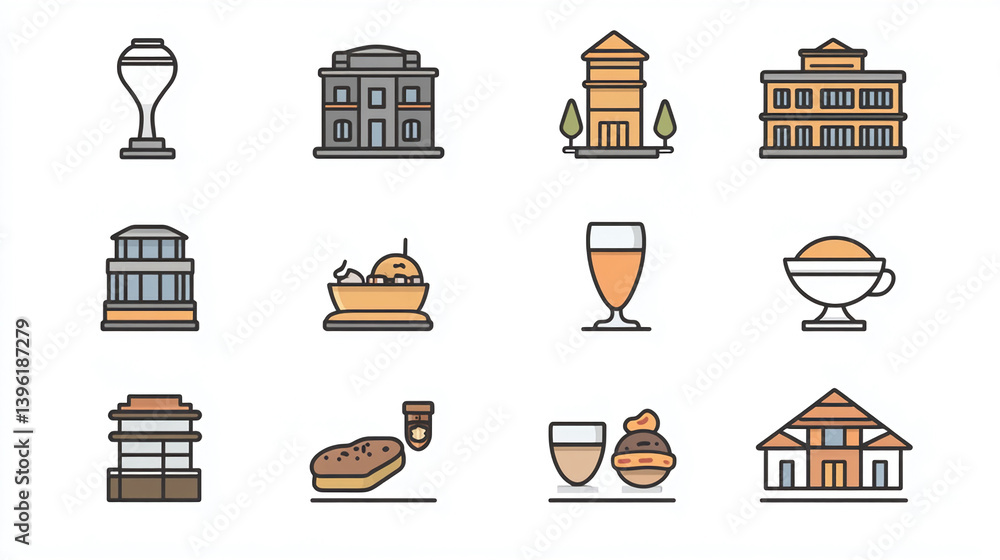 Poster vector icons set of buildings and food elements architecture design collection graphic resource illu