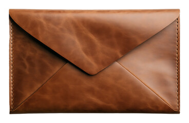 Brown leather envelope with texture on a transparent background, symbol of luxury