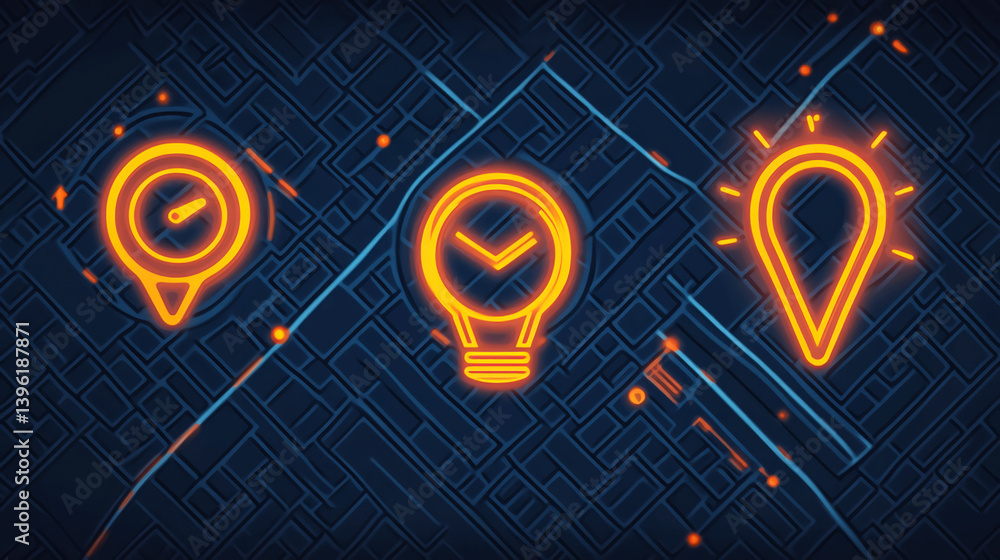Poster neon location pin icons gps navigation map pointer symbols glowing on abstract circuit board backgro