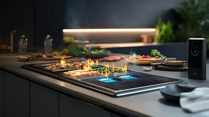 Modern kitchen countertop showcasing advanced cooking technology with flames and vibrant ingredients during food preparation in a stylish setting