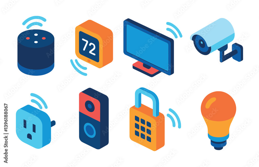 Poster smart home devices icons set: 3d style with security, automation, and connectivity features
