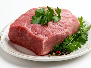 Fototapeta premium Raw beef meat on white plate with parsley and peppercorns