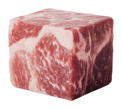 Cube-shaped piece of marbled raw meat with detailed texture on a transparent background