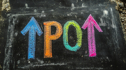 Colorful up arrows drawing on black chalkboard concept of growth progress and positive direction chalk art