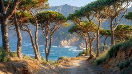 Coastal path through pine trees at sunset