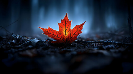 Glowing Autumn Maple Leaf In Dark Forest