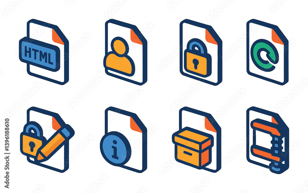 Poster document security icons set: illustrated files and lock symbols in 3d style