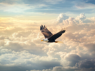 Majestic bald eagle soaring above the clouds at sunset